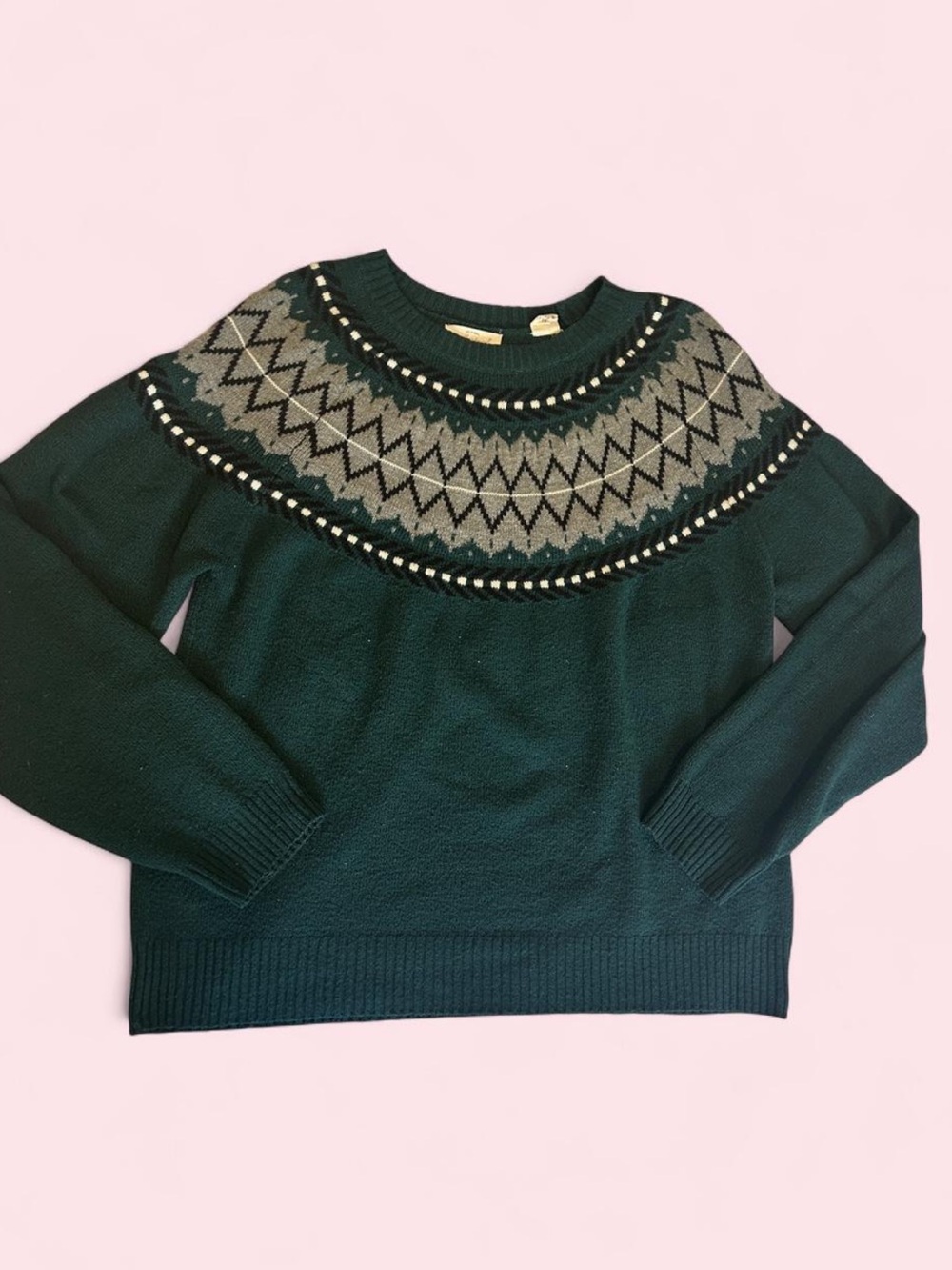 Weatherproof Dark Green Fair Isle Yoke Crewneck Sweater